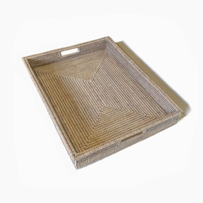 White Wash Rattan Rectangular Shallow Tray  w/Handle 26" Decorative Trays cheap sale