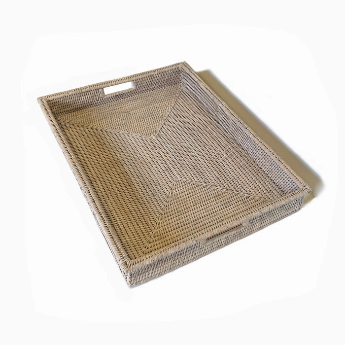 White Wash Rattan Rectangular Shallow Tray  w/Handle 26" Decorative Trays cheap sale