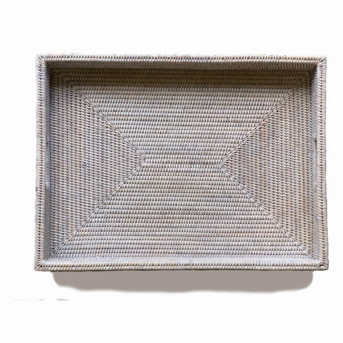 White Wash Rattan Rectangular Shallow Tray  w/Handle 26"