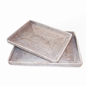 White Wash Rattan Rectangular Trays Set/2 Decorative Trays cheap sale