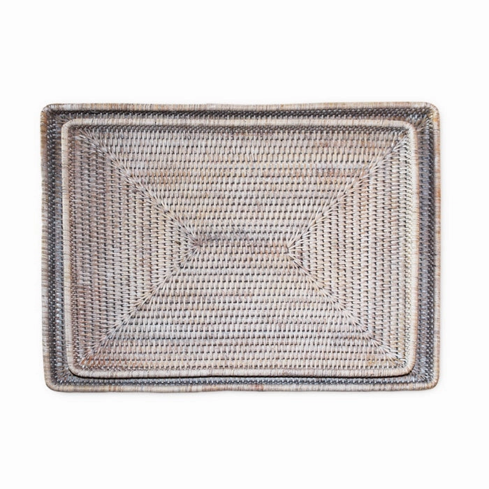 White Wash Rattan Rectangular Trays Set/2