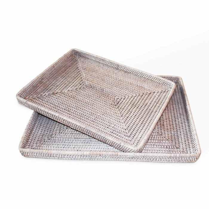 White Wash Rattan Rectangular Trays Set/2 Decorative Trays cheap sale