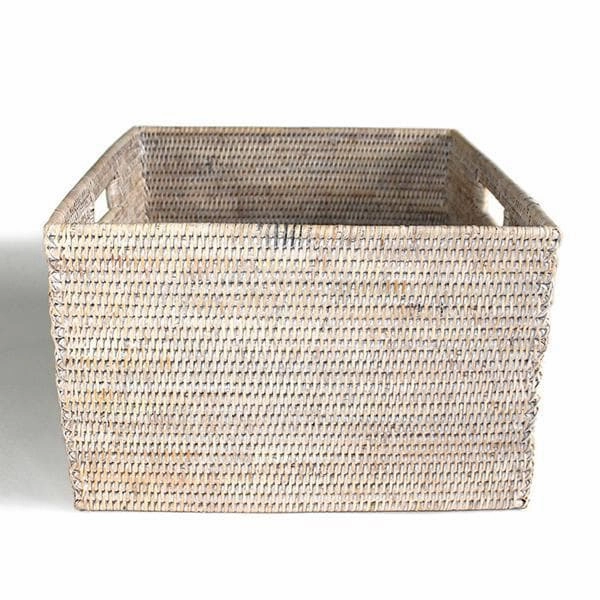 White Washed Rattan Basket Square Open w/ Cutout Handle
