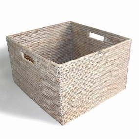 White Washed Rattan Basket Square Open w/ Cutout Handle Decorative Baskets clearance deals