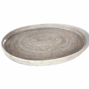 White Washed Rattan Oval Tray 28" Decorative Trays cheap sale
