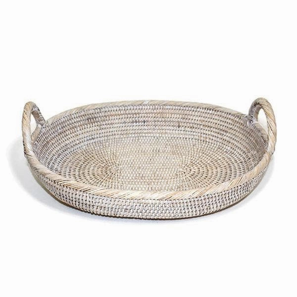 White Washed Rattan Oval Tray w/Loop Handles Decorative Trays cheap sale