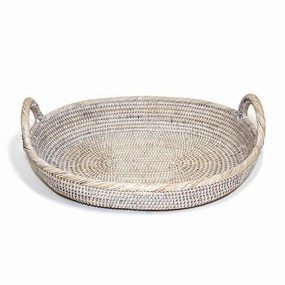 White Washed Rattan Oval Tray w/Loop Handles Decorative Trays cheap sale