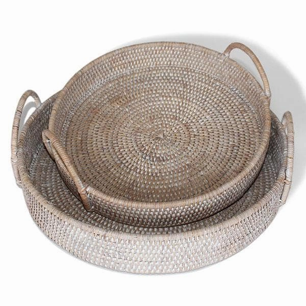 White Washed Rattan Round Tray w/Handles Set/2 Decorative Trays cheap sale