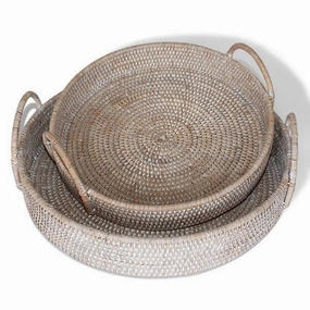 White Washed Rattan Round Tray w/Handles Set/2 Decorative Trays cheap sale