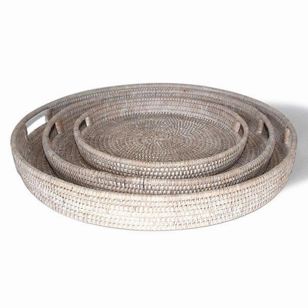 White Washed Rattan Round Trays Set/3 Decorative Trays cheap sale
