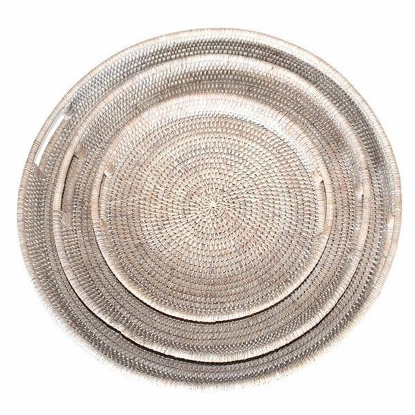 White Washed Rattan Round Trays Set/3