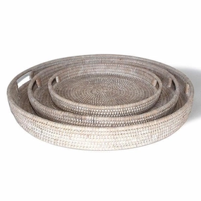 White Washed Rattan Round Trays Set/3 Decorative Trays cheap sale