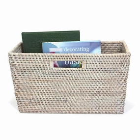 White Washed Rattan Slim Magazine Basket Decorative Baskets clearance deals