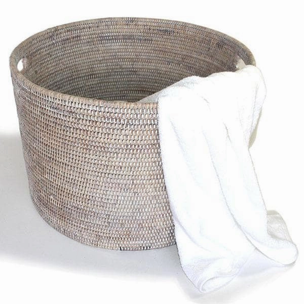 White Washed Rattan Storage Basket Open Round