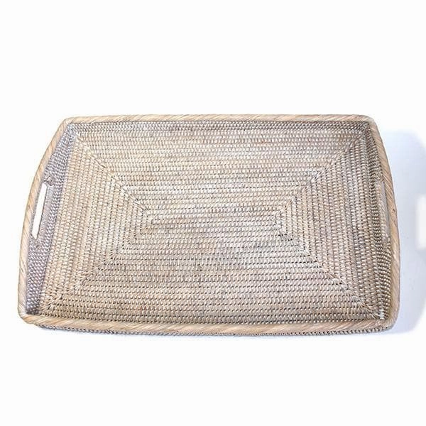 White Washed Rattan Tray Morning Rectangular Large 20.5"
