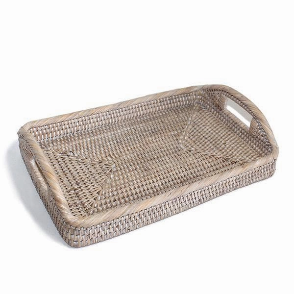 White Washed Rattan Tray Morning Rectangular Small 12"