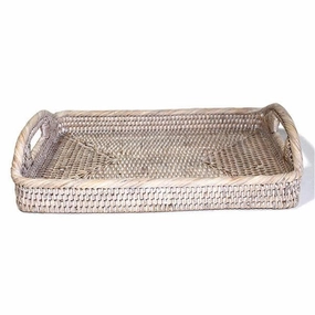 White Washed Rattan Tray Morning Rectangular Small 12" Decorative Trays cheap sale