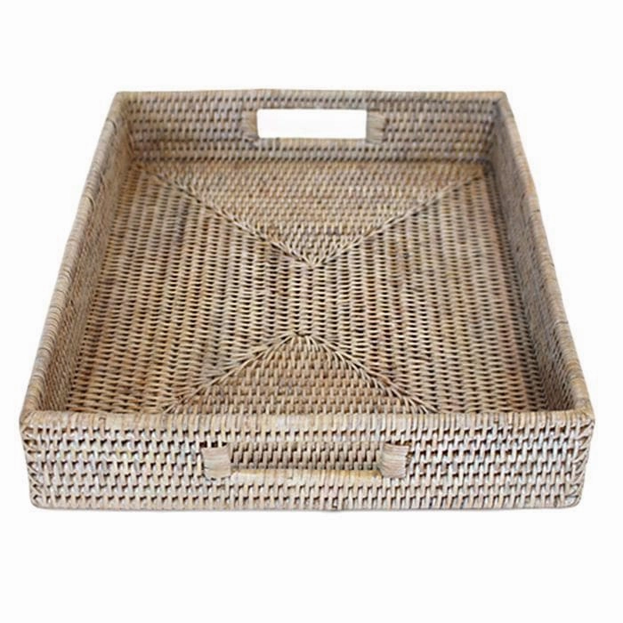 White Washed Rattan Tray Rectangular 15"
