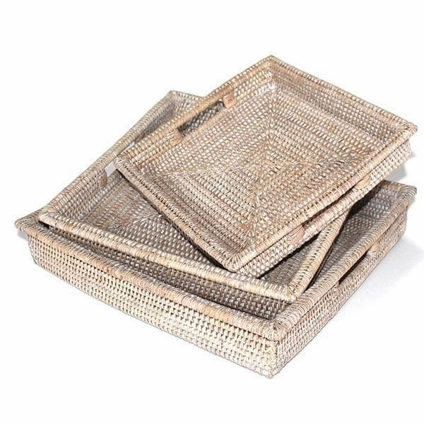 White Washed Rattan Tray Square Set/3 w/ Handles Decorative Trays cheap sale