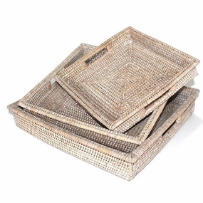 White Washed Rattan Tray Square Set/3 w/ Handles Decorative Trays cheap sale