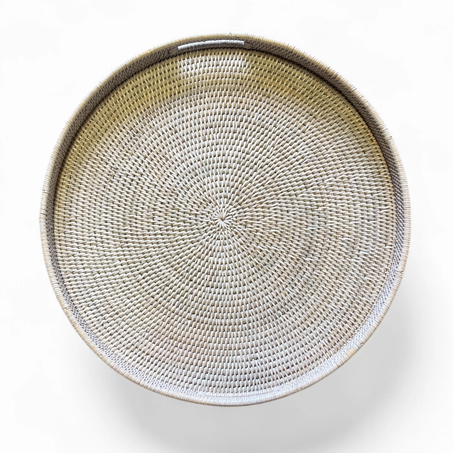 White Washed Rattan Tray w/ Handle Round 20"
