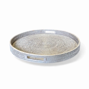 White Washed Rattan Tray w/ Handle Round 20" Decorative Trays cheap sale