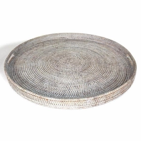 White Washed Rattan Tray w/ Handle Round 26" Decorative Trays cheap sale
