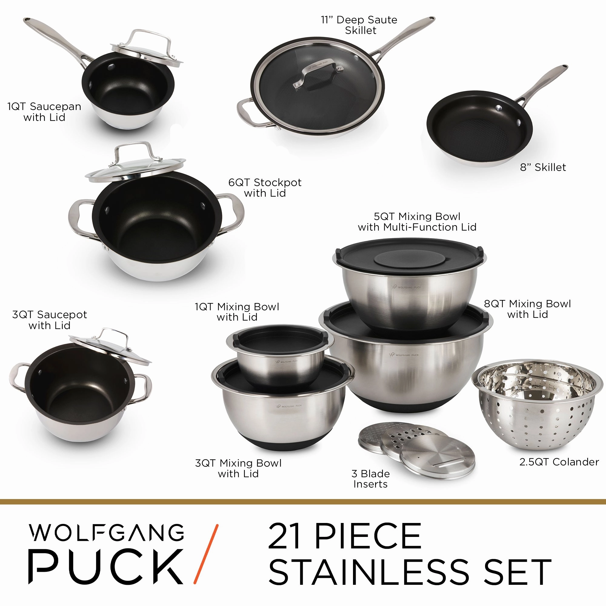 Wolfgang Puck 21-Piece Stainless Steel Cookware and Mixing Bowls Set Cookware holiday sale