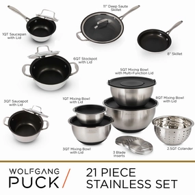 Wolfgang Puck 21-Piece Stainless Steel Cookware and Mixing Bowls Set Cookware holiday sale