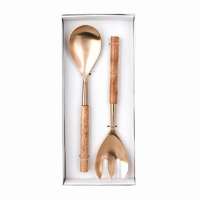 Wood Salad Server Set/2 with Champagne Gold Head Serveware clearance shop