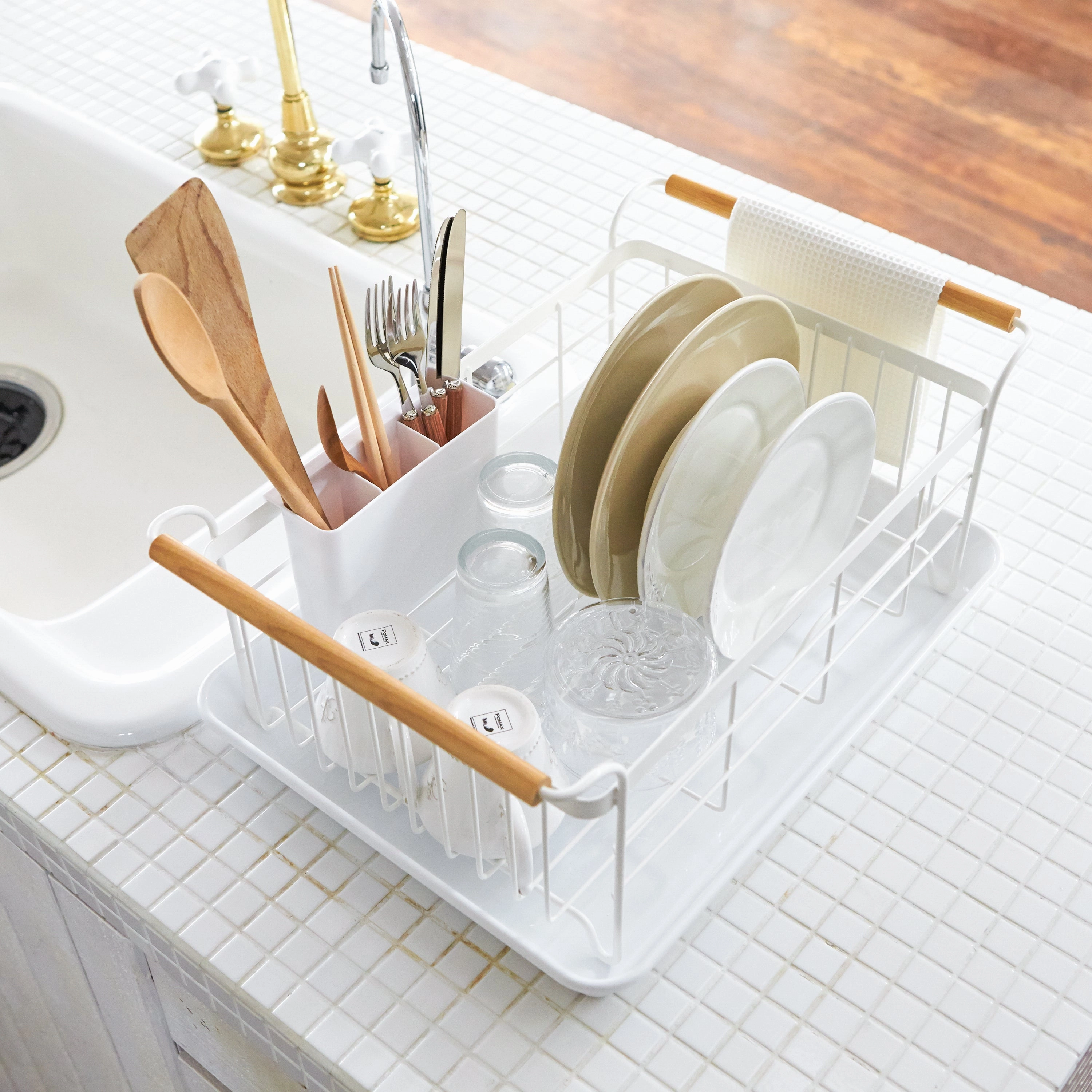Yamazaki Home Dish Rack, Steel   Wood, Supports 22 pounds, Drainer Tray, Handles, Utensil Holder, Water Resistant, No Assembly