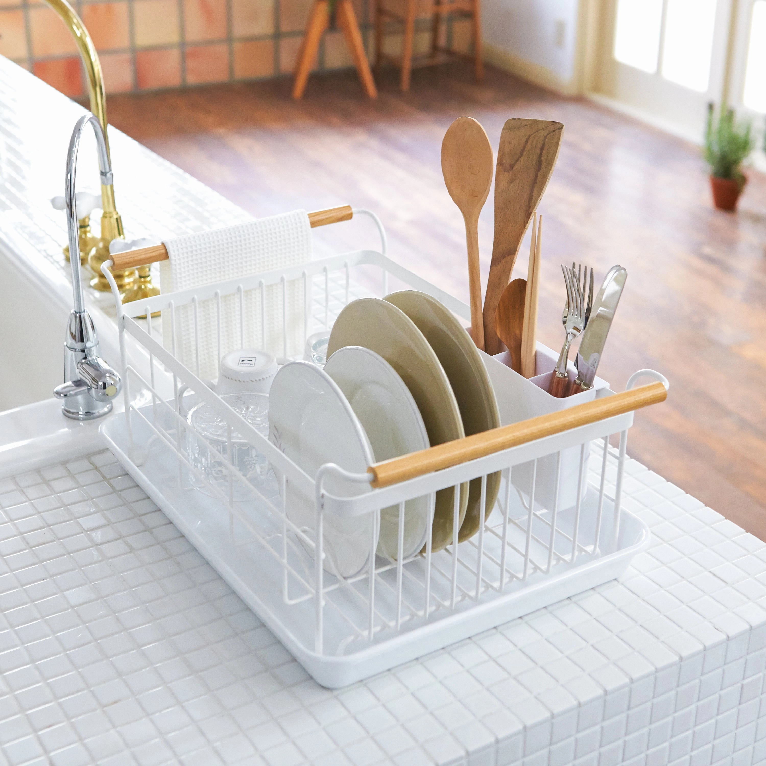 Yamazaki Home Dish Rack, Steel   Wood, Supports 22 pounds, Drainer Tray, Handles, Utensil Holder, Water Resistant, No Assembly
