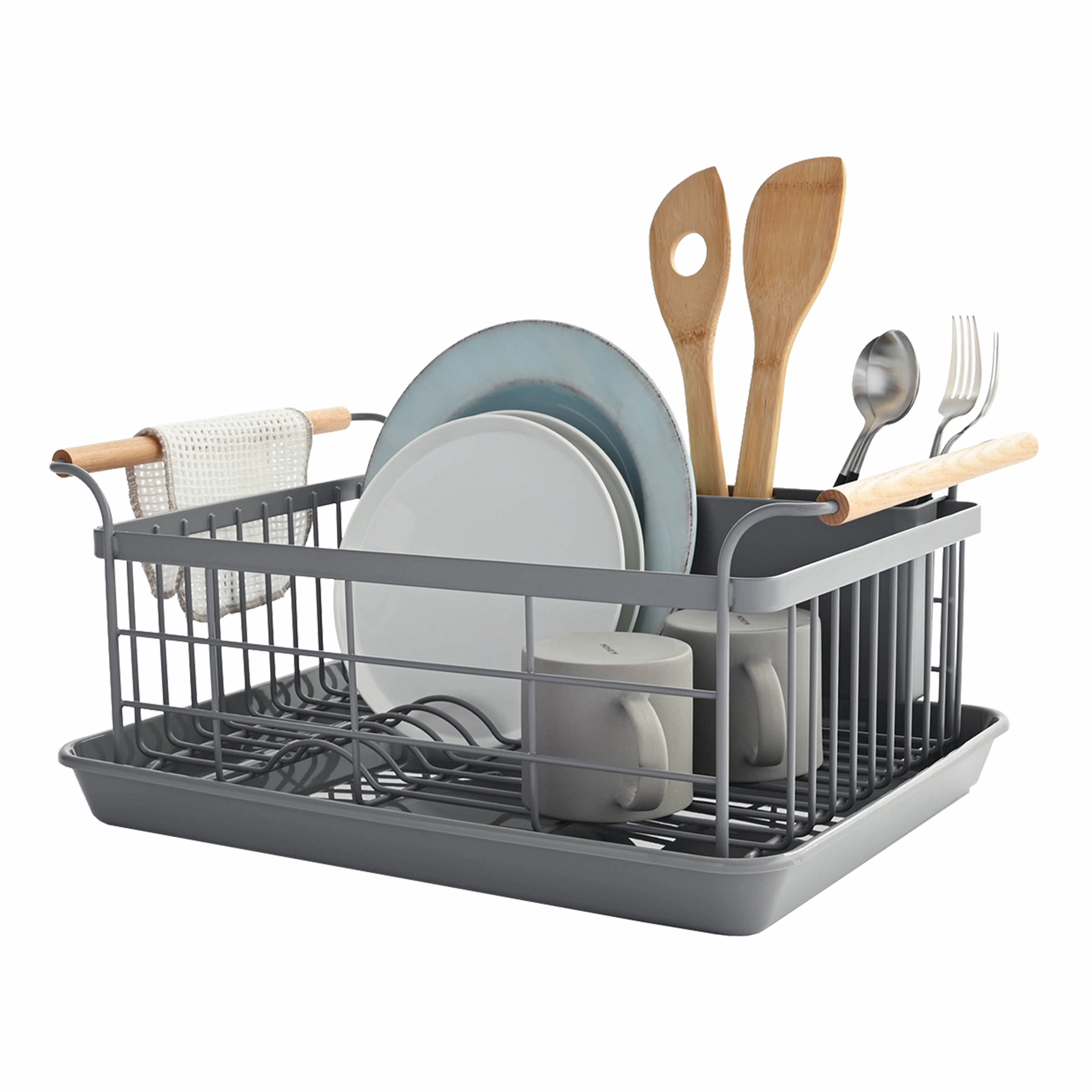 Yamazaki Home Dish Rack, Steel   Wood, Supports 22 pounds, Drainer Tray, Handles, Utensil Holder, Water Resistant, No Assembly