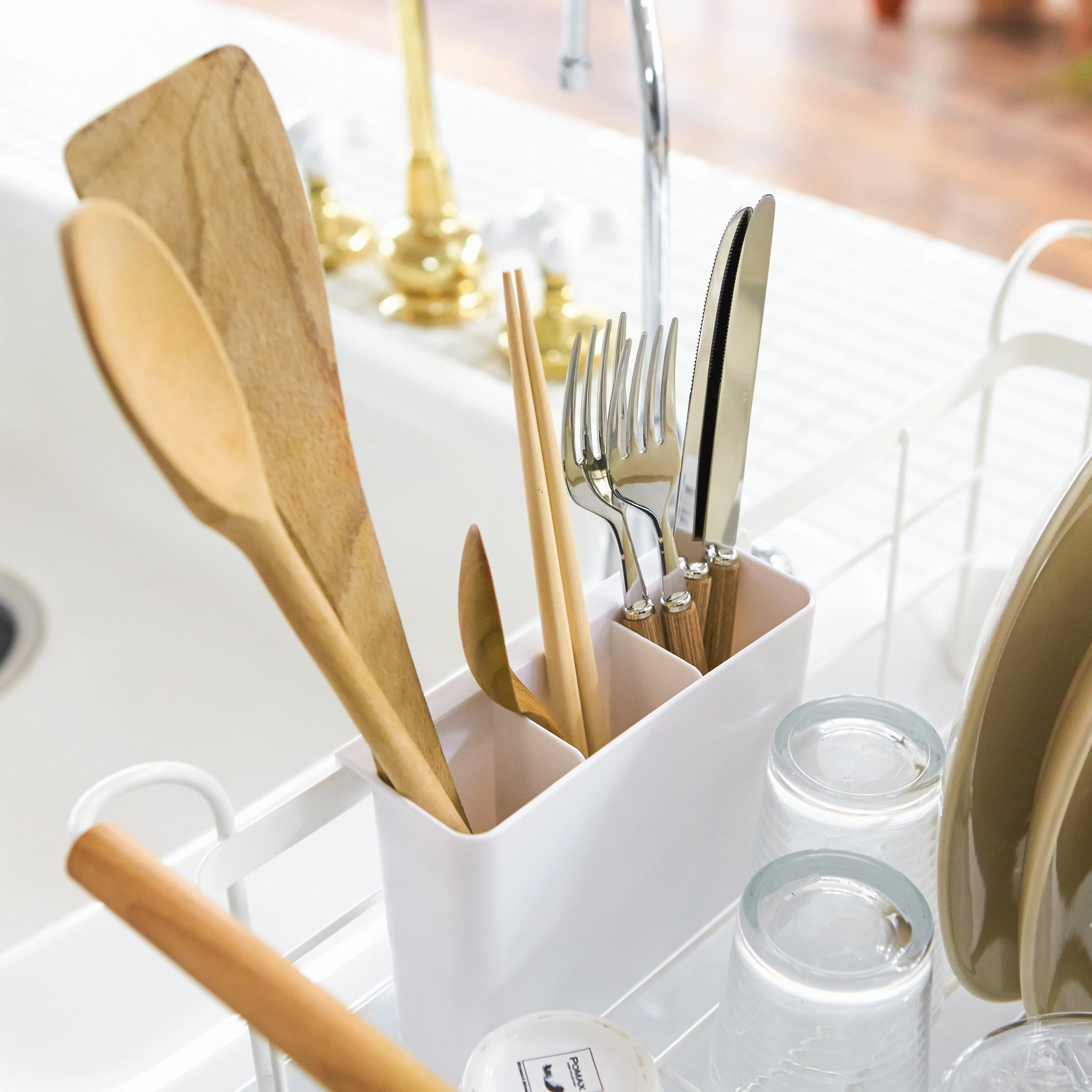 Yamazaki Home Dish Rack, Steel   Wood, Supports 22 pounds, Drainer Tray, Handles, Utensil Holder, Water Resistant, No Assembly