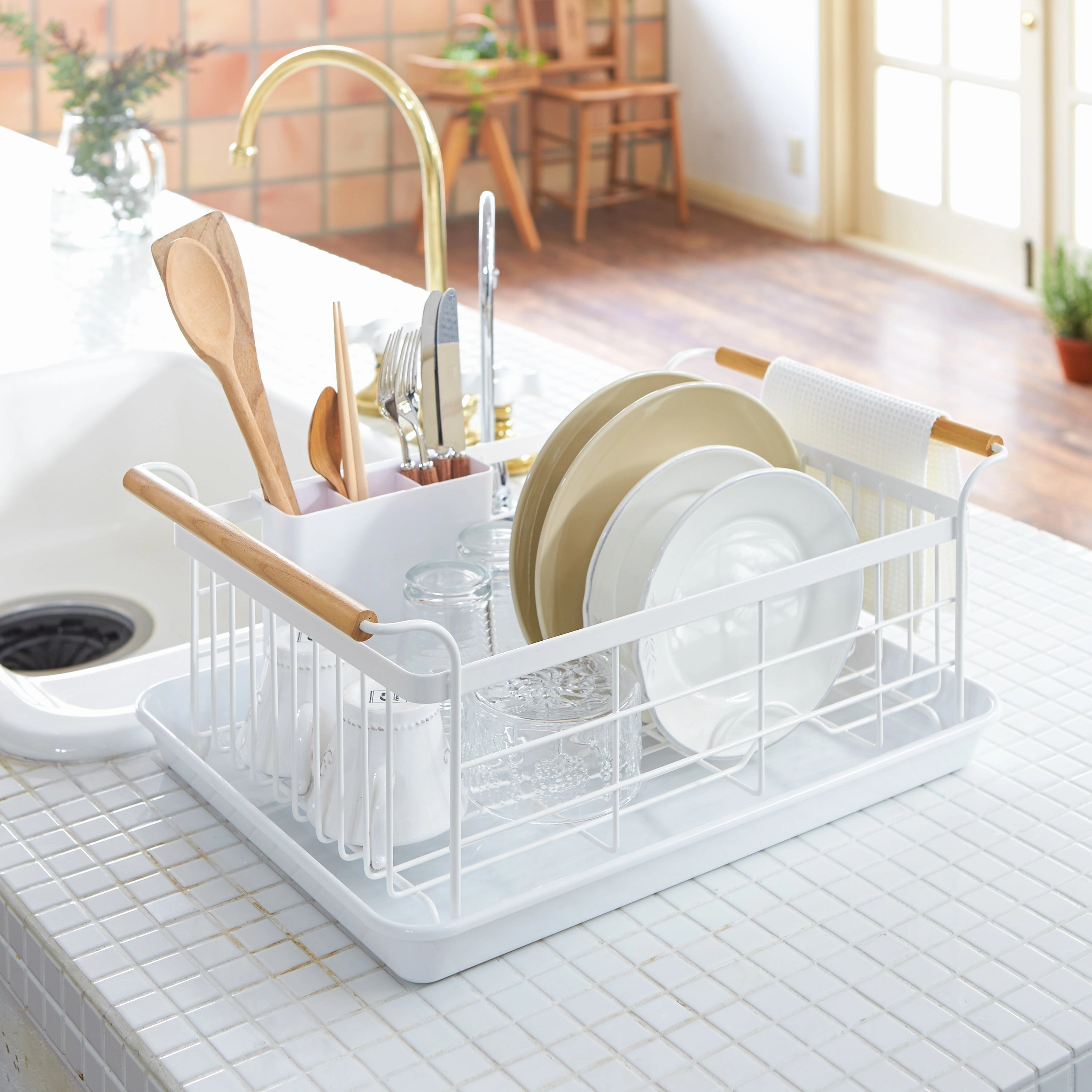 Yamazaki Home Dish Rack, Steel   Wood, Supports 22 pounds, Drainer Tray, Handles, Utensil Holder, Water Resistant, No Assembly