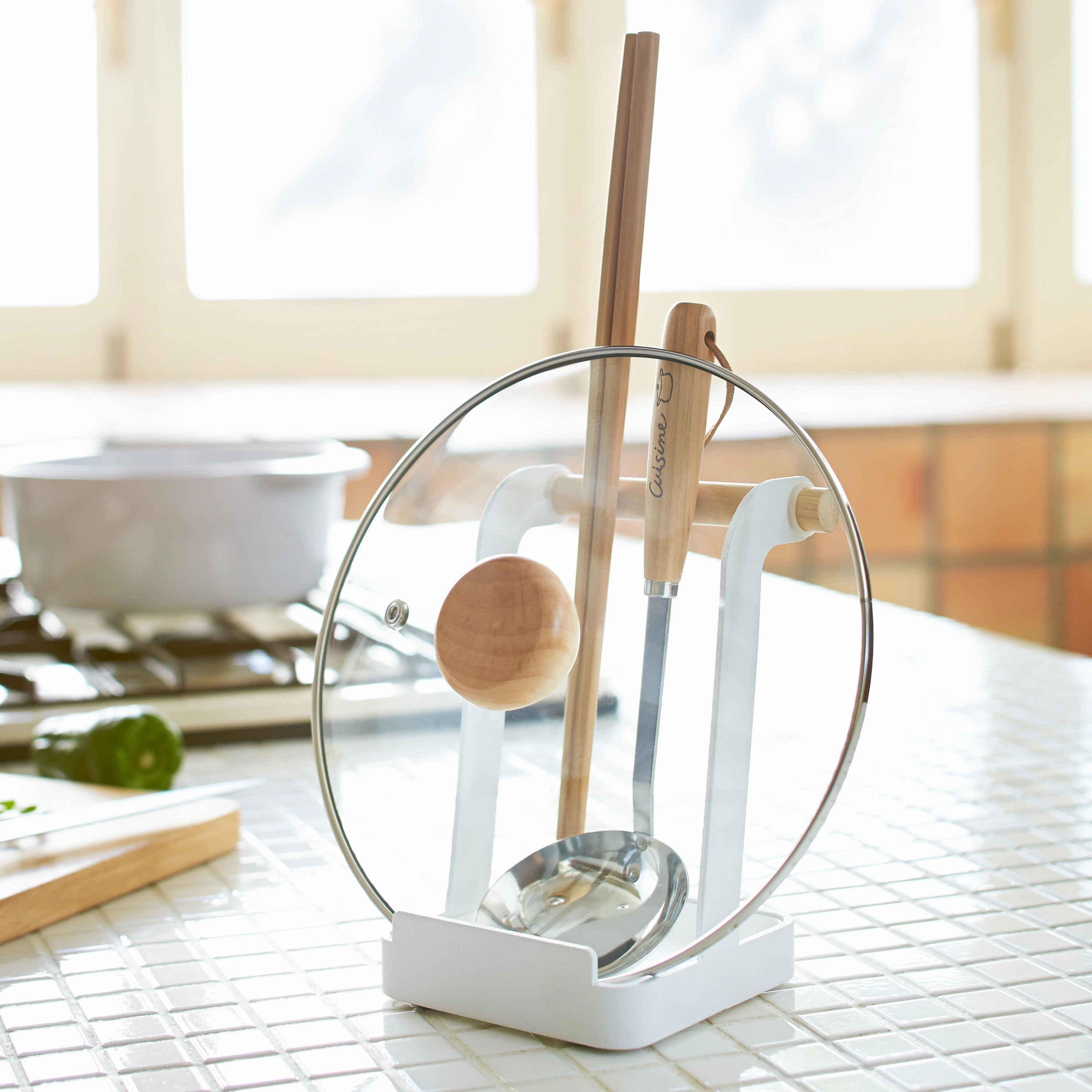 Yamazaki Home Lid and Ladle Stand, Steel   Wood, Water Resistant, No Assembly