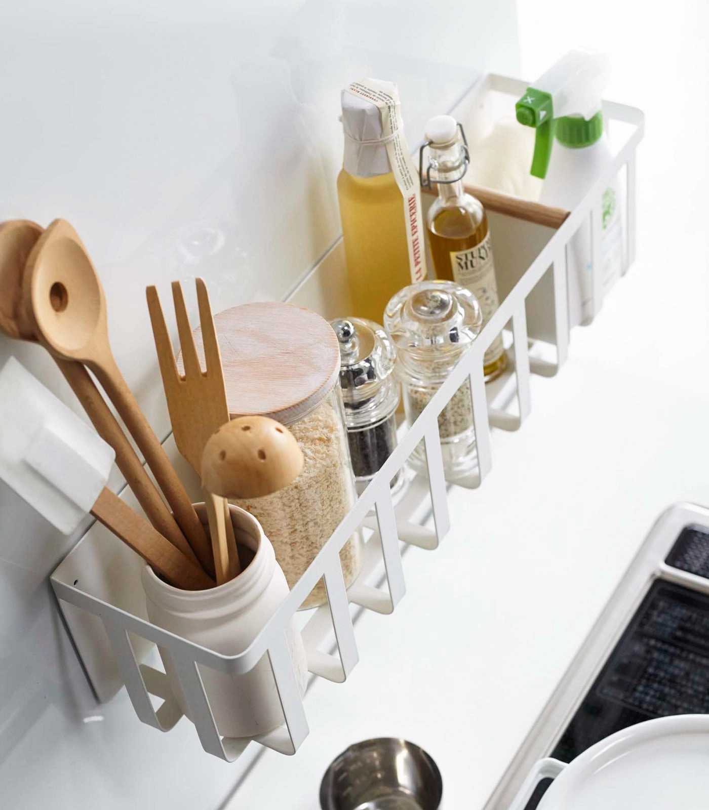 Yamazaki Home Magnetic Storage Basket, Steel   Wood, Magnetic, Sliding Divider, No Assembly