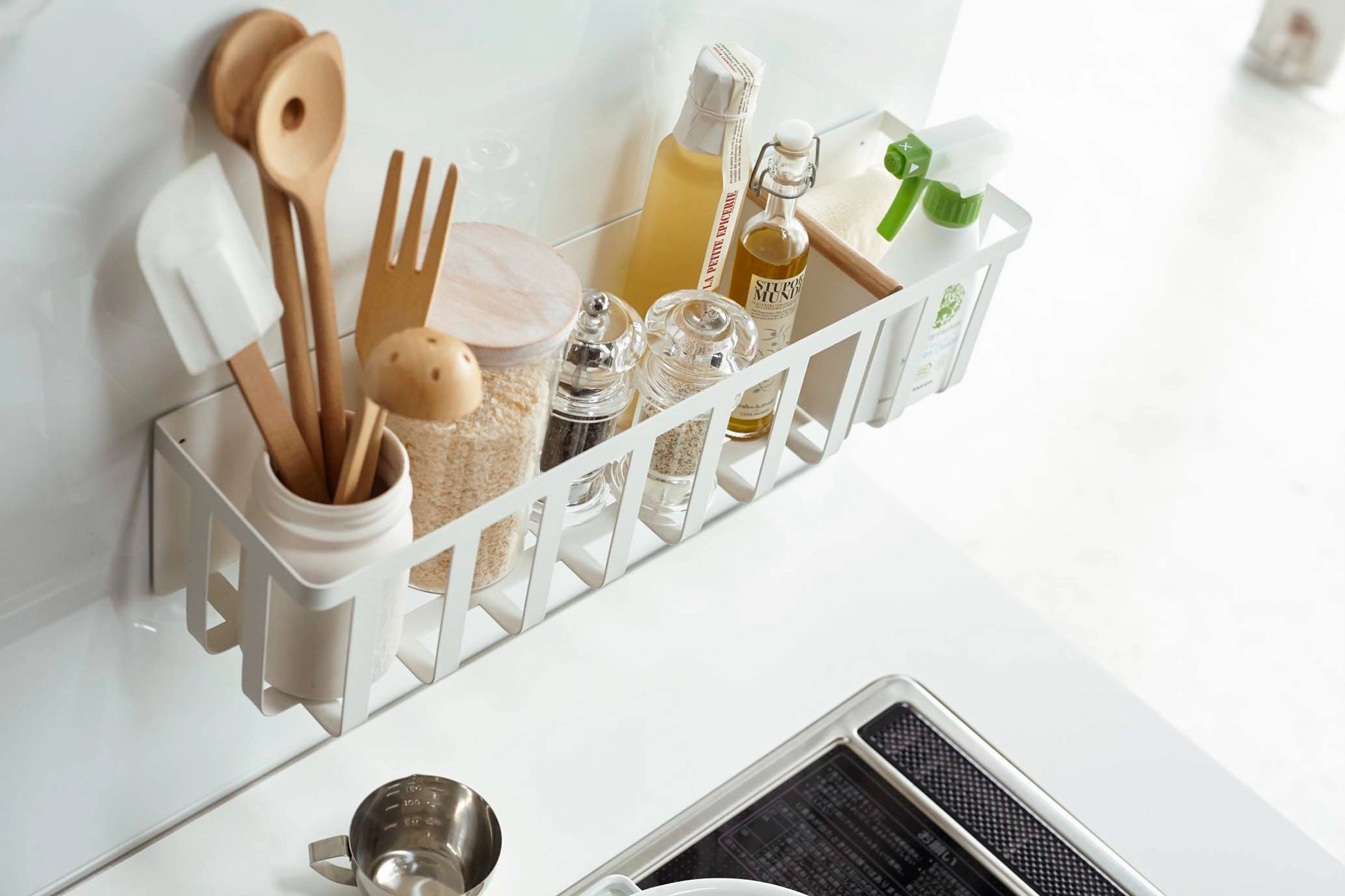 Yamazaki Home Magnetic Storage Basket, Steel   Wood, Magnetic, Sliding Divider, No Assembly