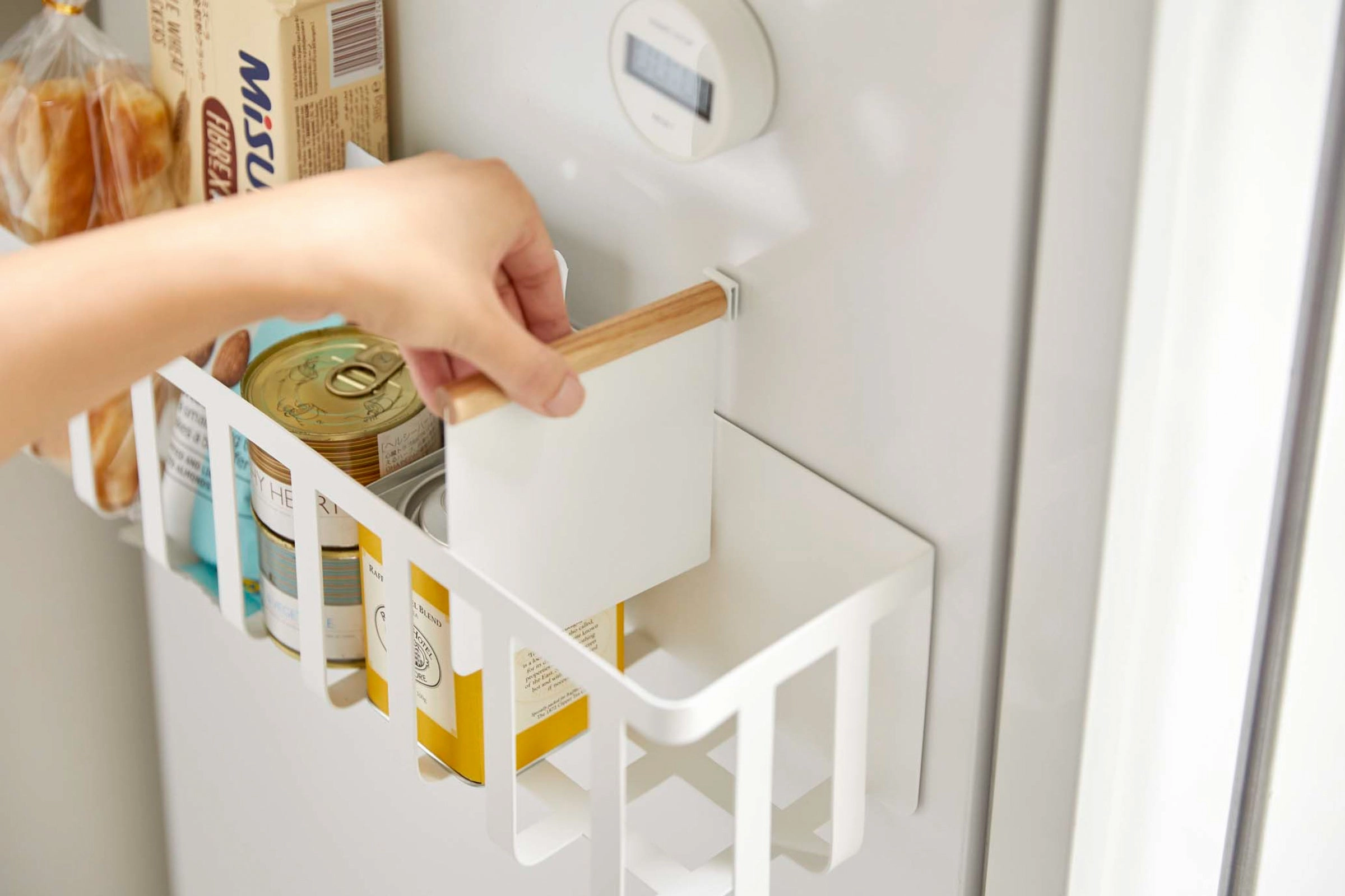 Yamazaki Home Magnetic Storage Basket, Steel   Wood, Magnetic, Sliding Divider, No Assembly