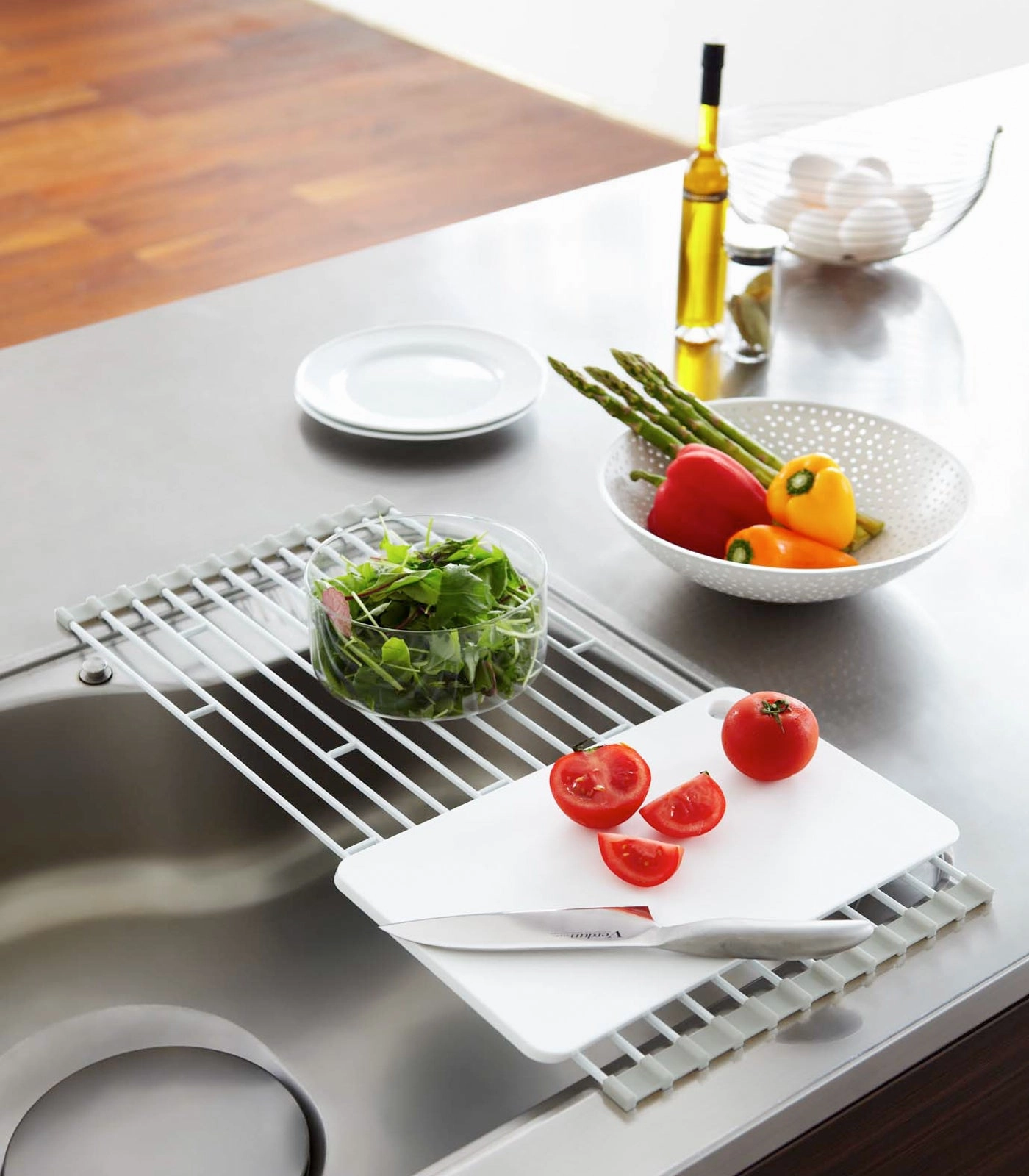 Yamazaki Home Over-the-Sink Dish Drainer, Steel, Supports 8.8 pounds, Water Resistant, No Assembly