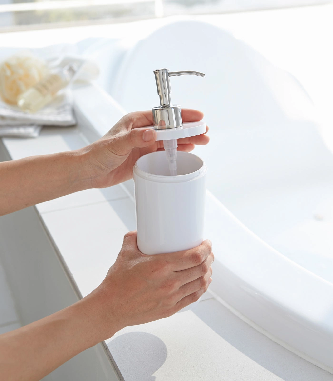 Yamazaki Home Round Shower Dispenser - Three Styles, ABS Plastic, Body Soap, 16.9 fluid oz., 500 ml, Airtight, Sloped Interior, No Assembly