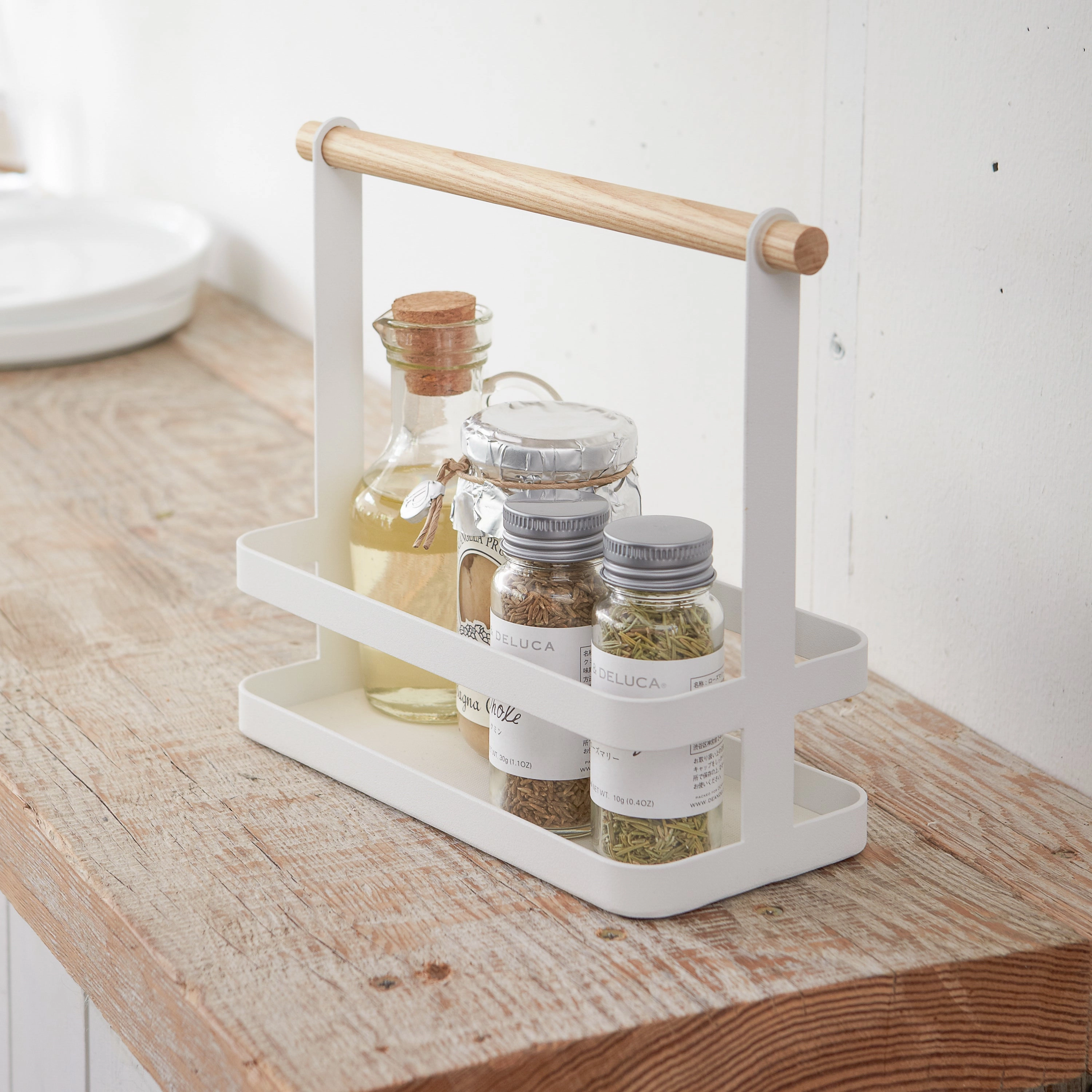 Yamazaki Home Tabletop Storage Caddy, Steel   Wood, Supports 4.4 pounds, Handles, No Assembly