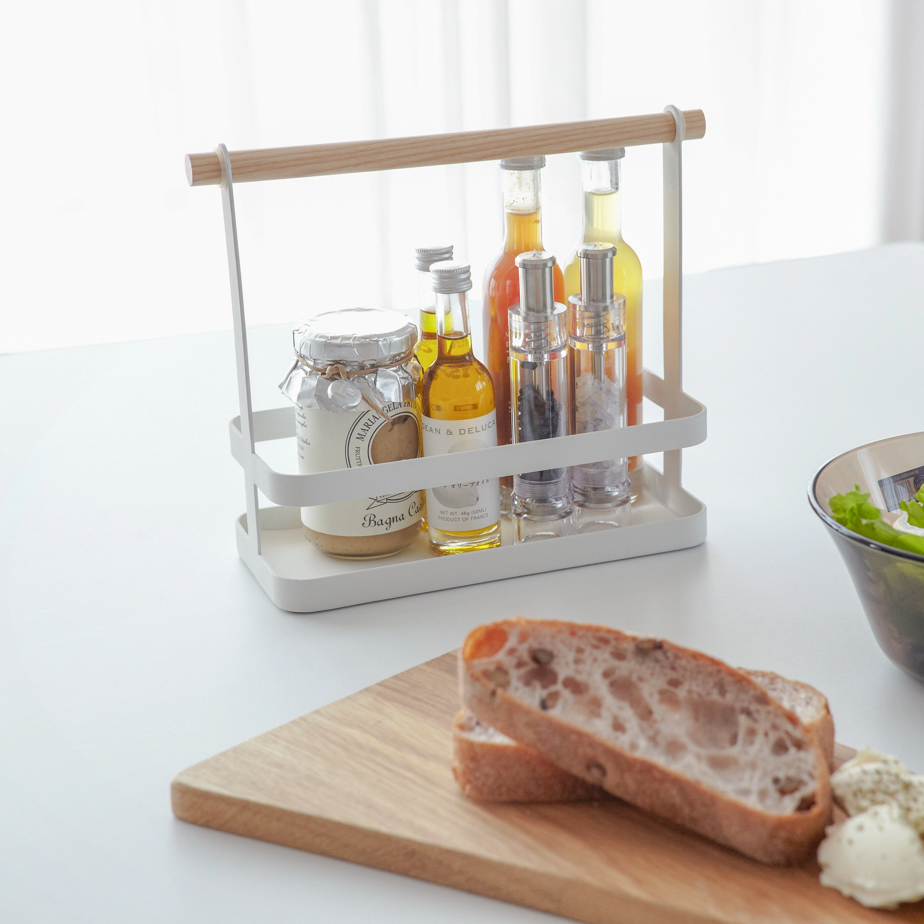 Yamazaki Home Tabletop Storage Caddy, Steel   Wood, Supports 4.4 pounds, Handles, No Assembly