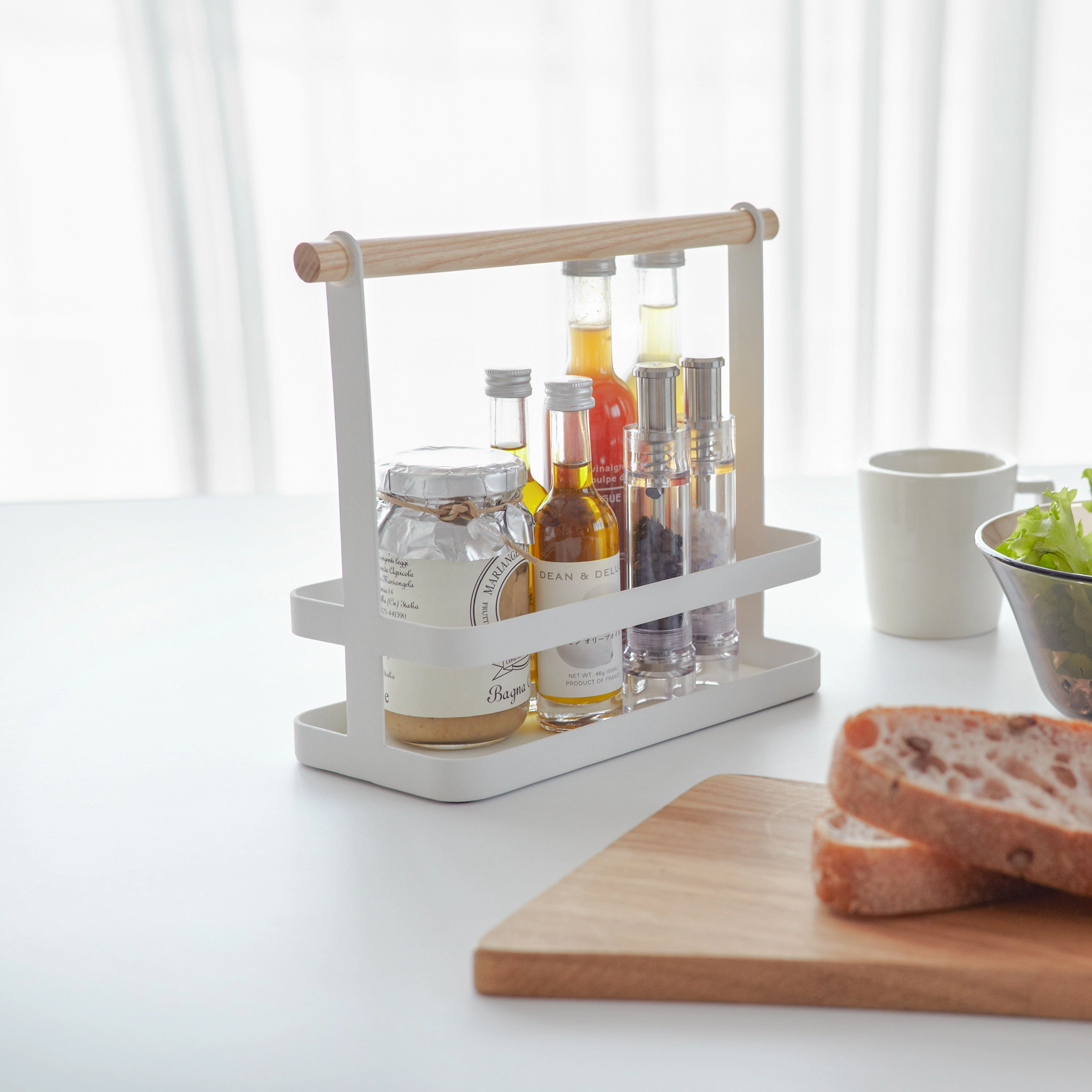 Yamazaki Home Tabletop Storage Caddy, Steel   Wood, Supports 4.4 pounds, Handles, No Assembly