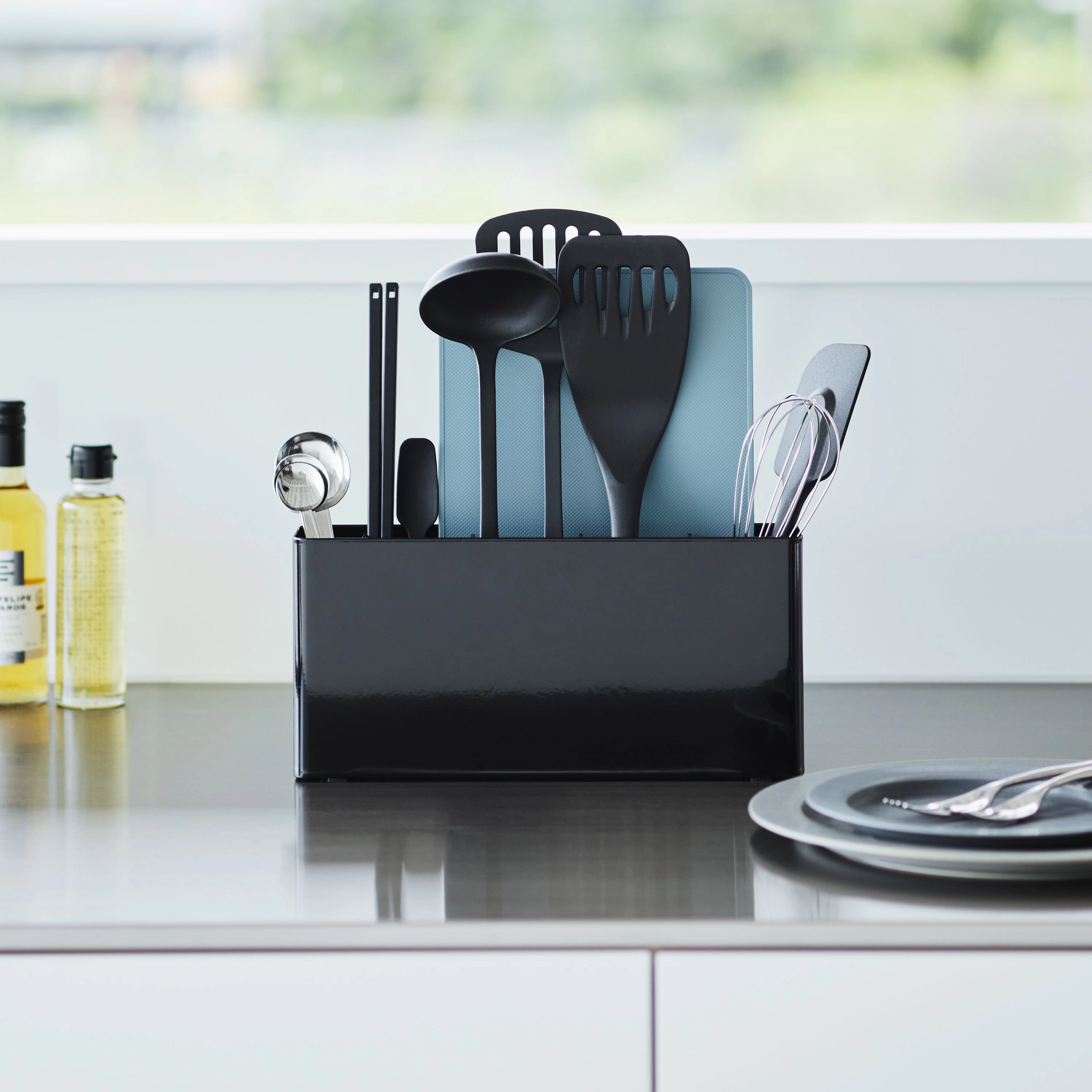 Yamazaki Home Utensil and Thin Cutting Board Holder, Steel, Utensil Holder