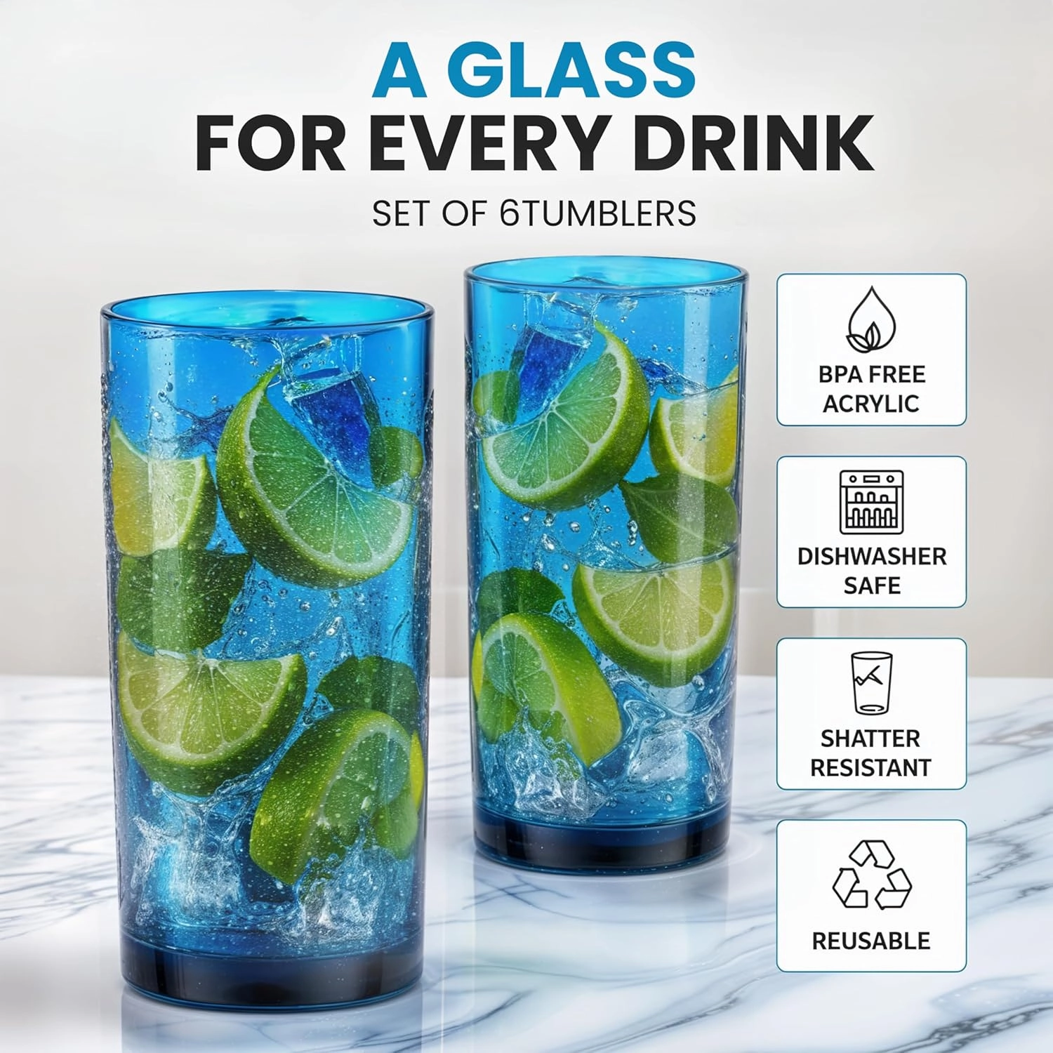 Zulay Kitchen Acrylic Glasses Drinkware - 6 Piece Unbreakable Plastic Tumblers 24oz