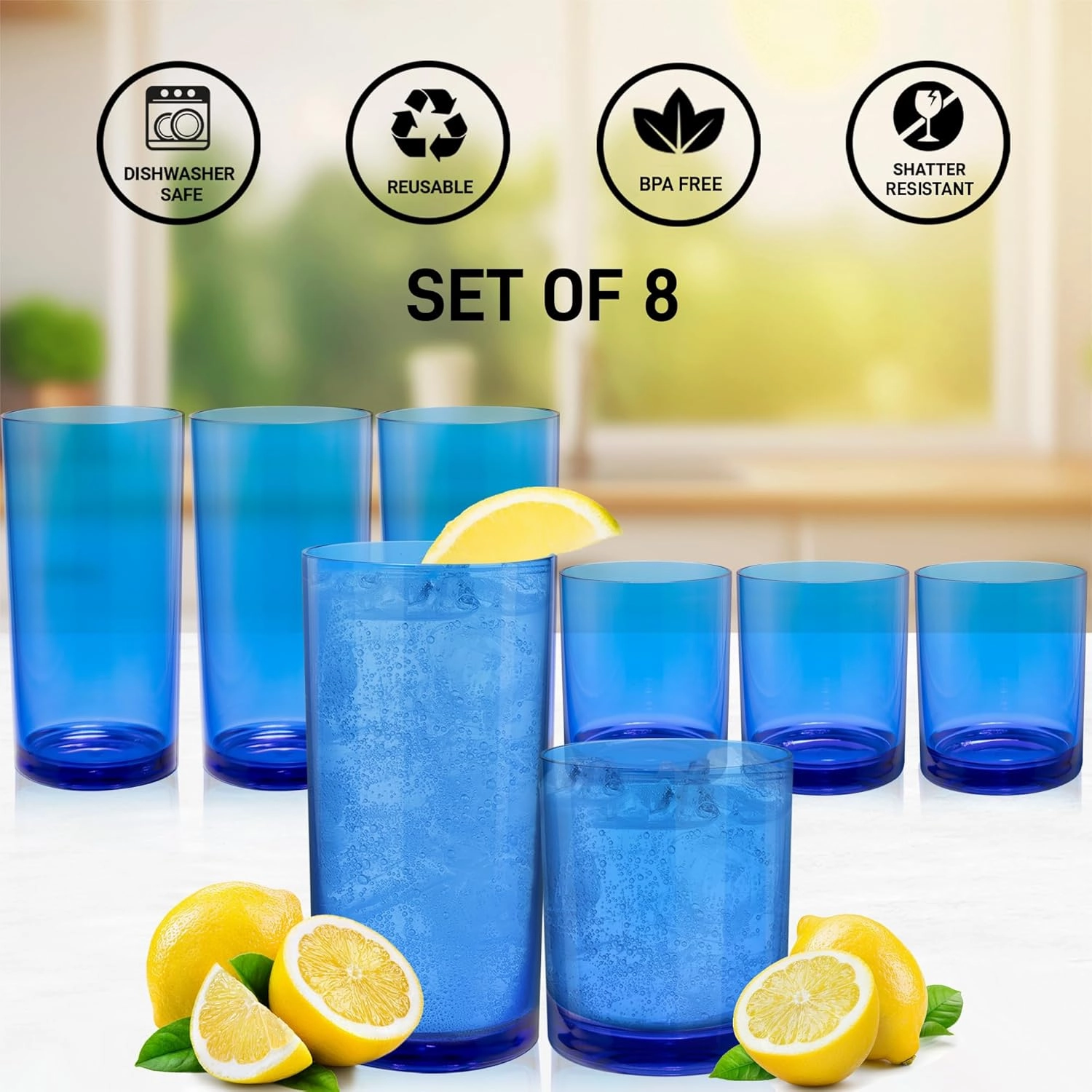 Zulay Kitchen Acrylic Glasses Drinkware - 8 Piece Unbreakable Plastic Tumblers