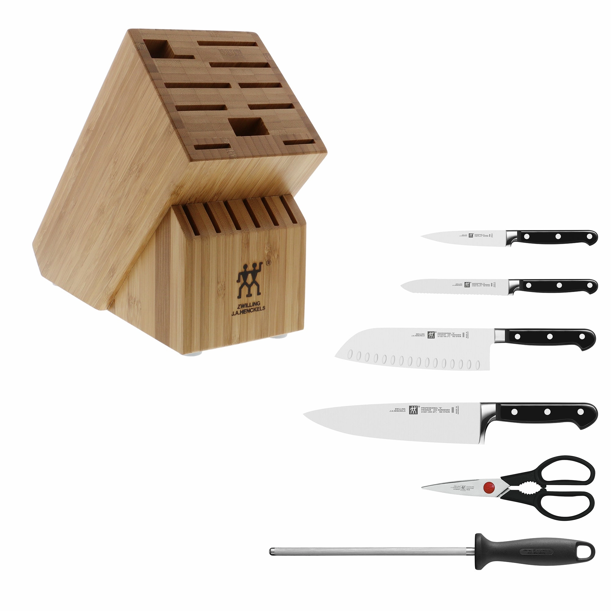 ZWILLING Professional S Knife Set with Block, Chefs Knife, Serrated Utility Knife, 7 Piece, Black